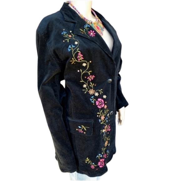 Diane's Essentials Flower Embroidered Black Corduroy Jacket - Picture 2 of 9
